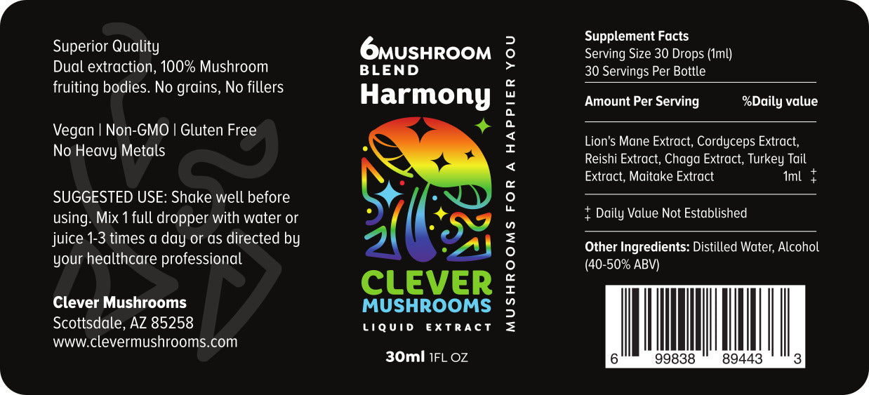 Clever Mushrooms 6-Blend Mushroom Extract 30ml Dropper Bottle - Comprehensive Immune and Cognitive Support