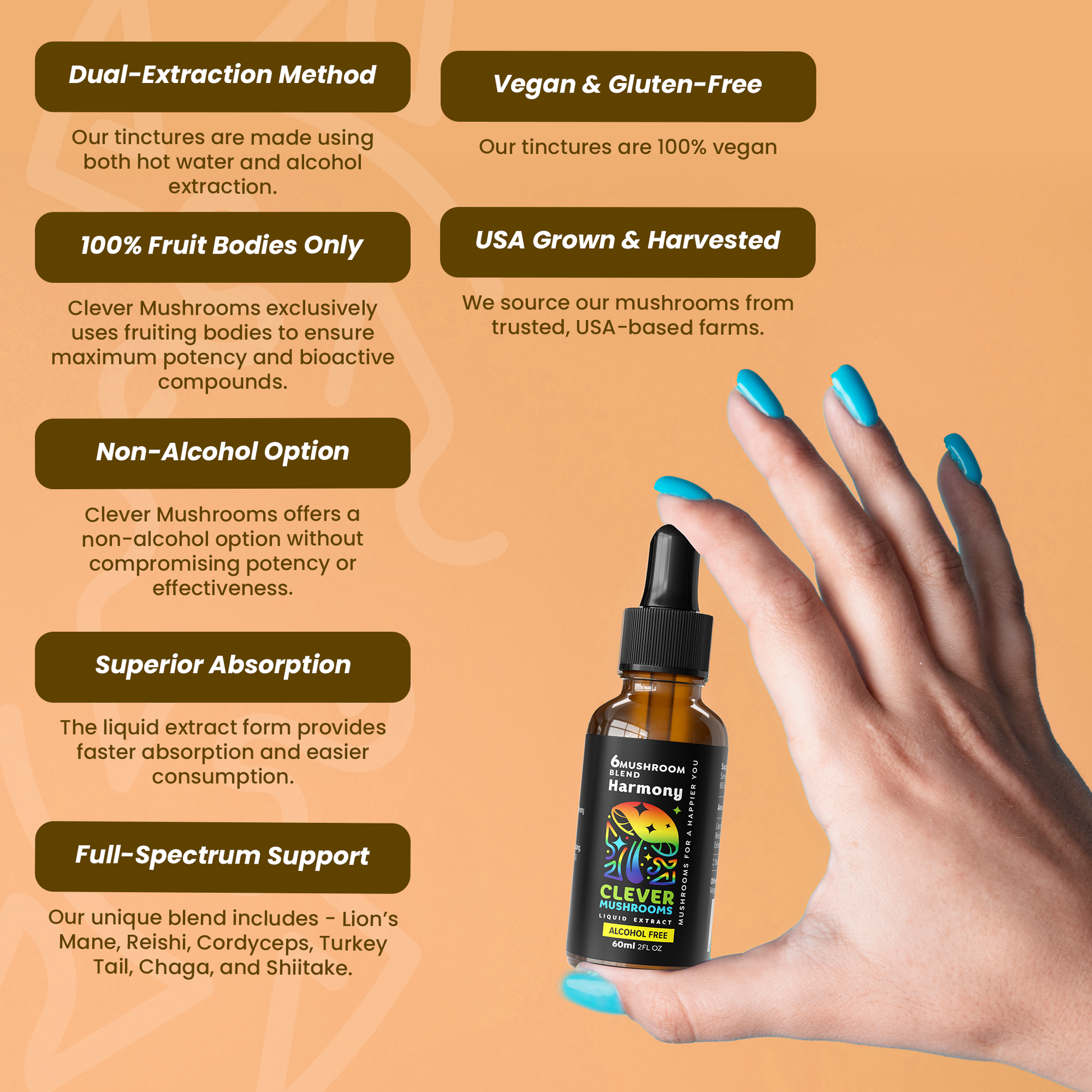 Our tinctures are derived from 100% fruiting bodies of mushrooms, sustainably grown in the USA to ensure superior quality and potency. Utilizing a dual extraction process, we capture both water and alcoh0l-soluble compounds, maximizing bioavailability for an optimal experience.